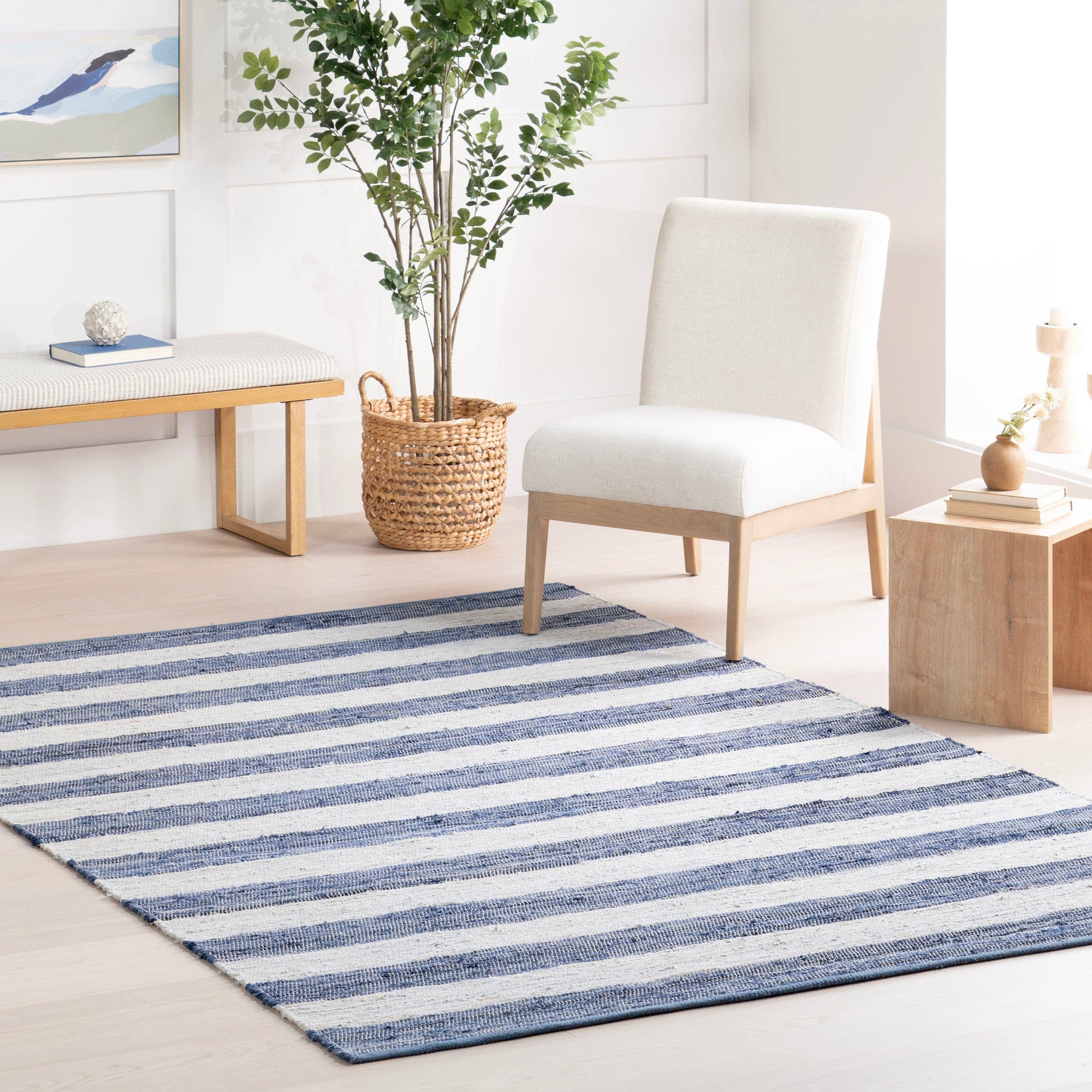Blue Home Conservatory Striped Rag Handwoven Cotton Area Rug for wholesale on Faire2