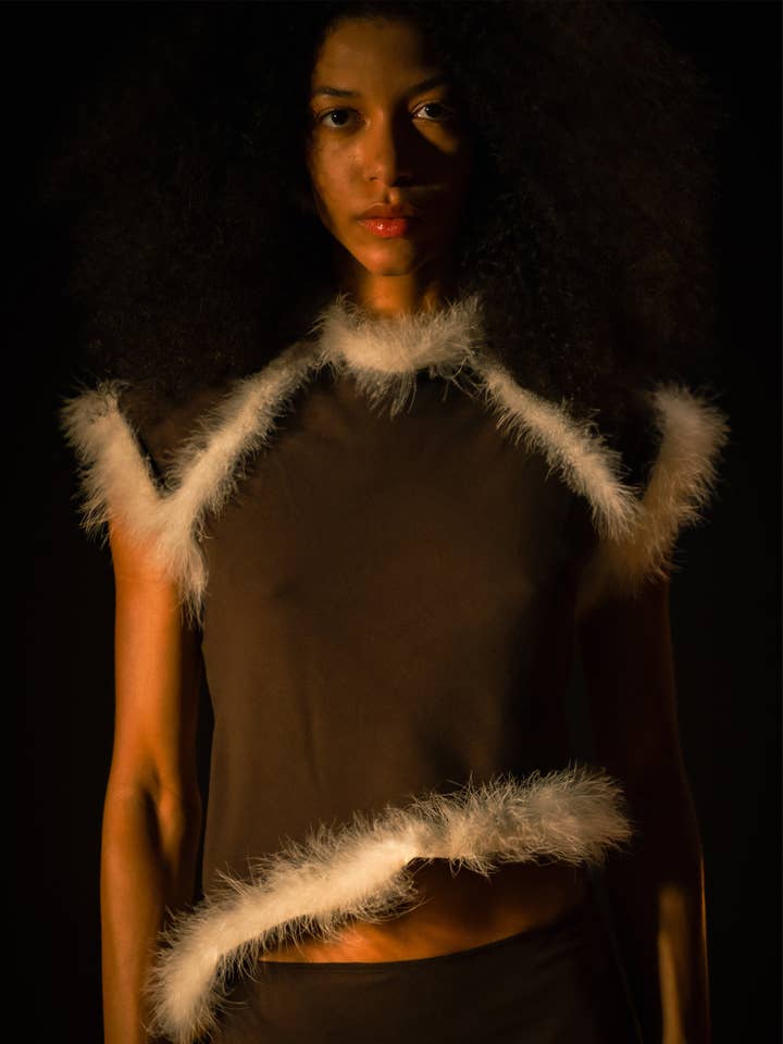 CARMEN SAYS – wholesale Blouse – Women’s – Top de plumas marrón balanceado6