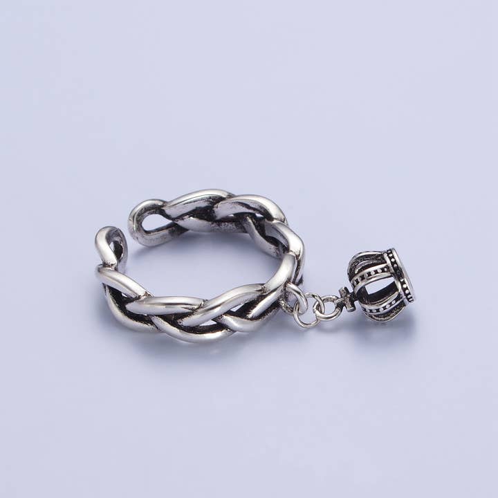 Antique Silver Twist Adjustable Ring with Crown Charm for wholesale by Aim Eternal