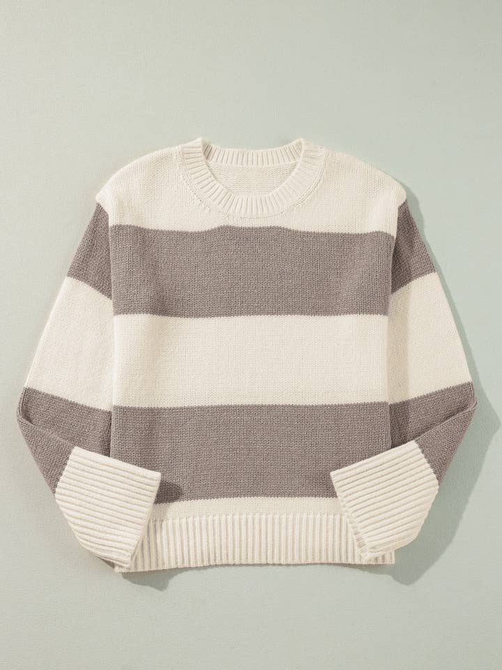 Simply Taupe Colorblock Stripe Pullover Sweater for wholesale on Faire