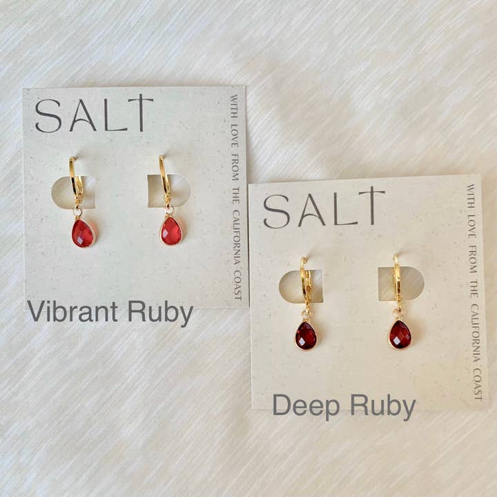 SALT by Sarah Curtis - Wholesale Huggie Earrings - RUBY RED HUGGIE HOOPS | gold