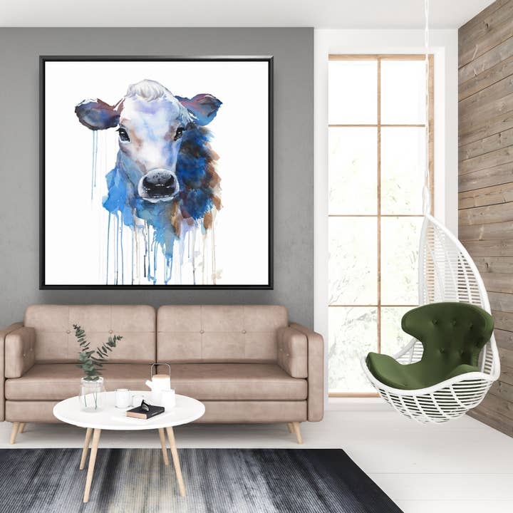 Blå Akvarel jersey ko | indrammet tryk på lærred 48 „x 48" for engroshandel på Faire