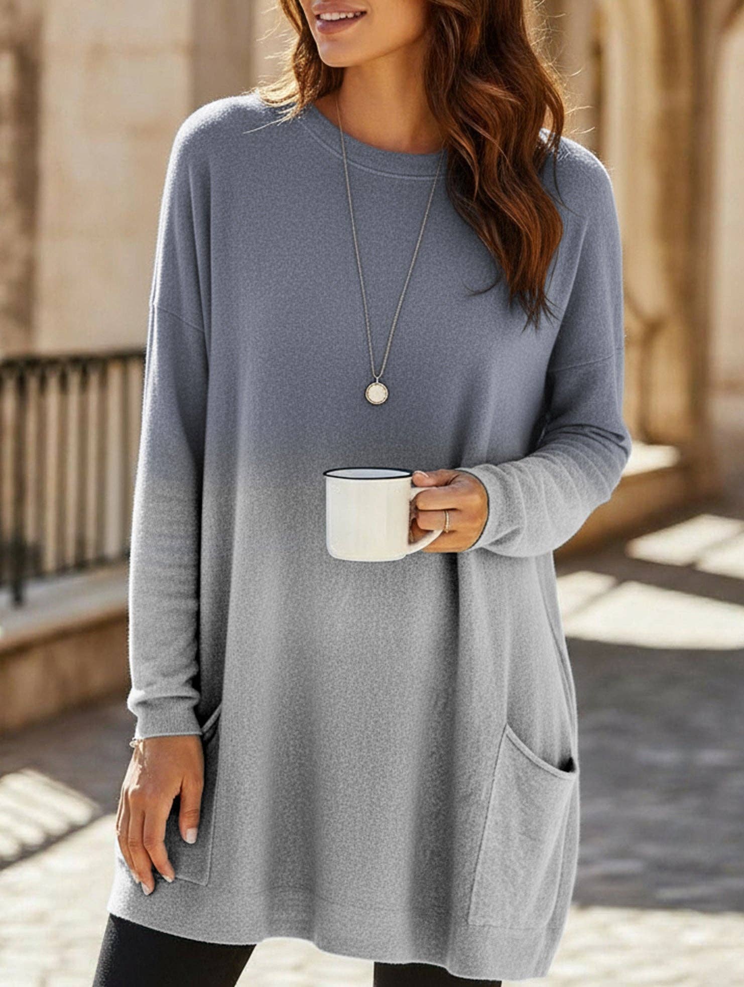 Lovenne - Wholesale Tunic - Women's - Gradient Color Long Sleeve Casual Pocket T-Shirt Top2