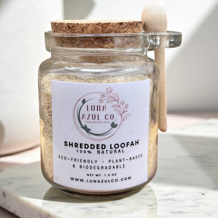 2 OZ Natural Shredded Loofah Jar for wholesale by Luna Azul Co