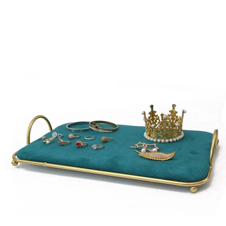 Vintage geïnspireerd dienblad met gouden rand, groen fluweel voor wholesale door Zakka