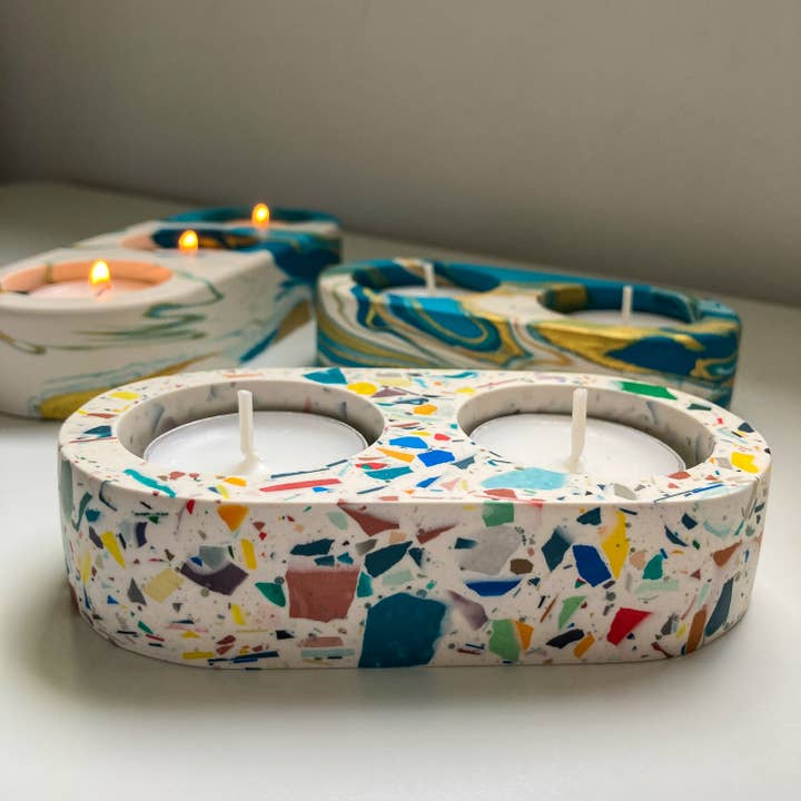 Tea Light Candle Holder in Kaleidoscope Terrazzo for wholesale by Kay Carter Studio