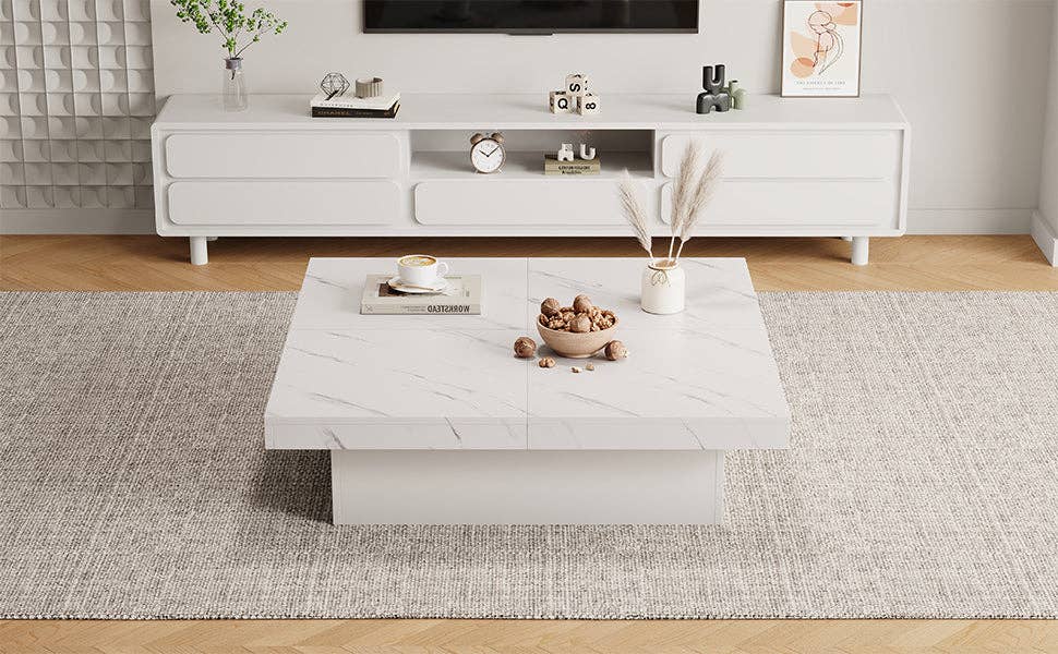 Urban Meuble - Wholesale Side Table - Modern white square coffee table with marble effect, 4 drawers, sliding top 90x90x25cm KHEKRIED5