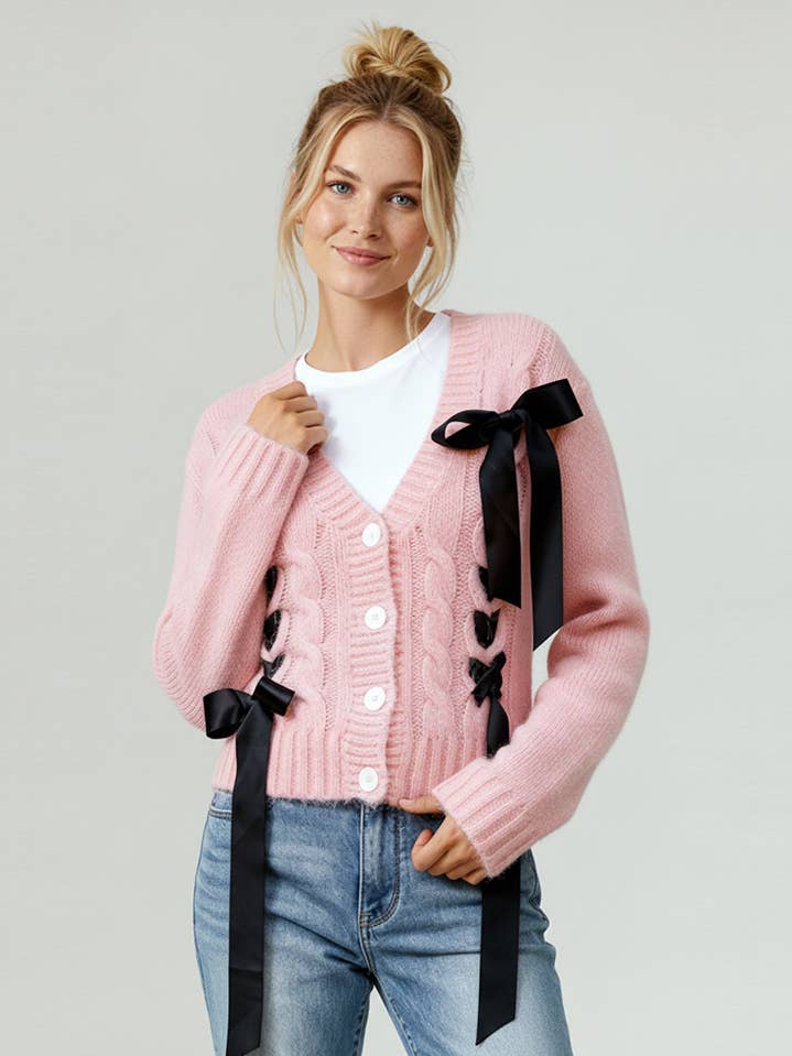 CABLE KNIT RIBBON BOW SWEATER CARDIGAN for wholesale by Kori America