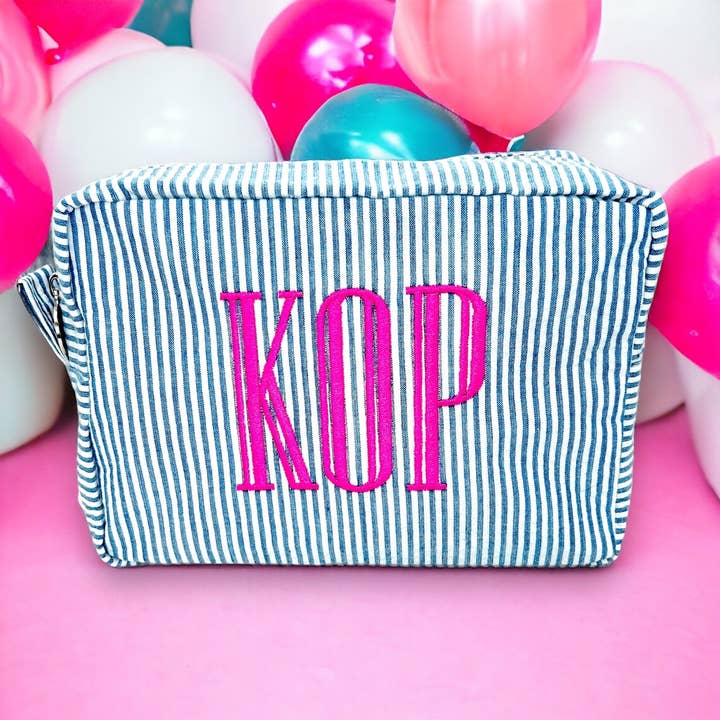 Seersucker Embroidered Monogram Cosmetic Bag for wholesale by Above All Designs