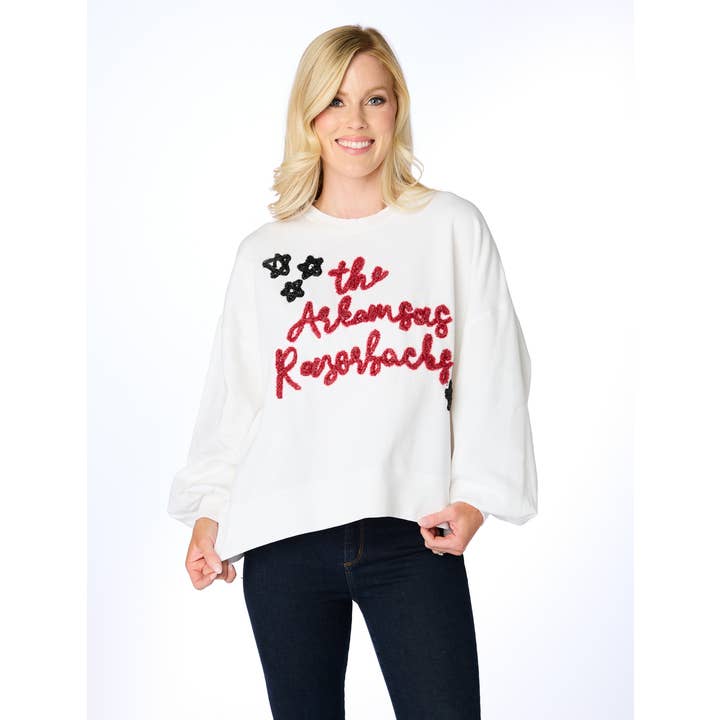 Pulôver de balão Arkansas Razorbacks Glitter Script por atacado de Stewart Simmons