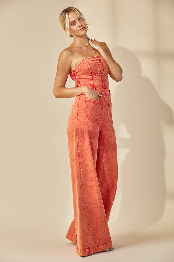 BOHO MINERAL WASH WIDE LEG DENIM JUMPSUIT 4406DEEP RUST  for wholesale on Faire2