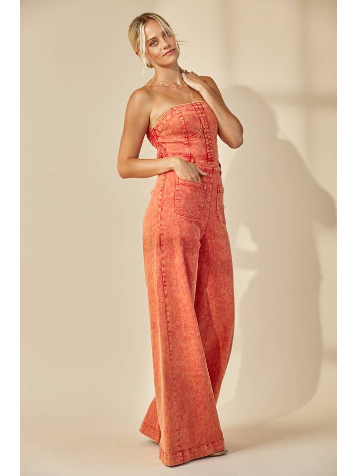 BOHO MINERAL WASH WIDE LEG DENIM JUMPSUIT 4406DEEP RUST for wholesale on Faire2