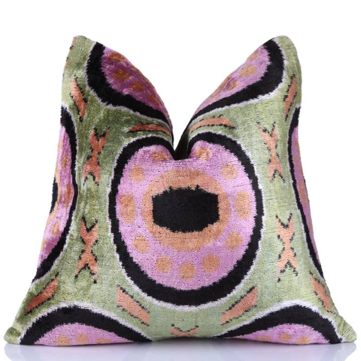 Grøn Lilla Sort Geometrisk Silke Fløjlspude – 16x16 Håndlavet for engroshandel hos Canvello
