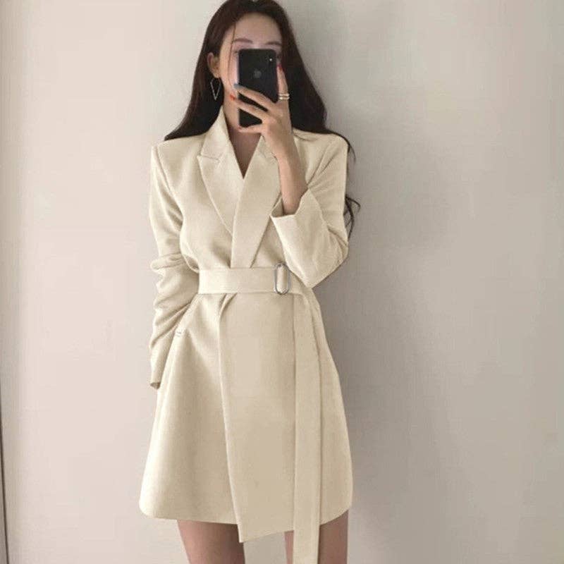 Plush Looks - Wholesale Coat - Women's - Solid Color Mid-Length Belted Blazer Coat2