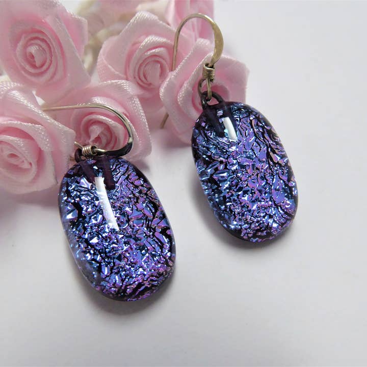 Fused glass drop earrings - lilac prismatic for wholesale by Eva Glass Design