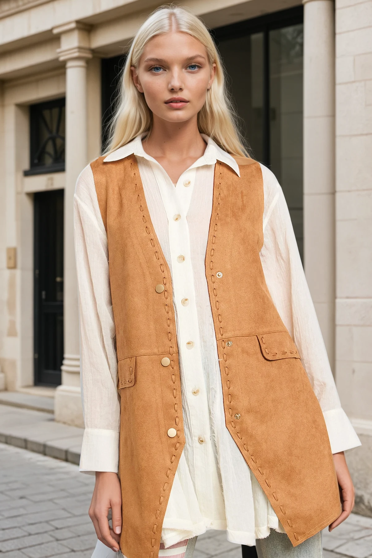 WISTERIA LANE - Wholesale Outerwear Vest - Women's - SUEDE MIDI VEST - RUST 6432JIA  14