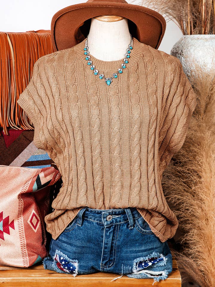 Fashion-W Crew Neck Cable Knit Short Sleeve Sweater*S-2XL for wholesale by fashionworks