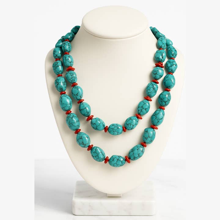 PHOEBE´S – Colar com missangas/pérolas por atacado – Colar Majestoso de Turquesa e Coral – Duas Voltas1