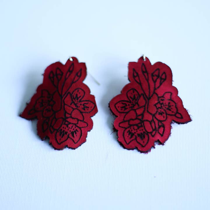 Leather Cherry Blossom Dangles for wholesale by Buzzing Bird Studios, LLC