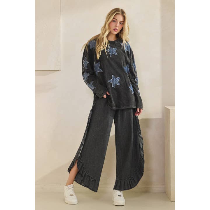 JEANS MIT AUSGEFRANSTEM VOLANTSAUM für den Großhandel von Sage + Fig