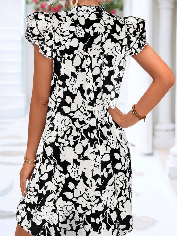 Rosa Clothing - Wholesale Dress - Women's - Ruffle Shoulder Floral Printed v-neck babydoll dress