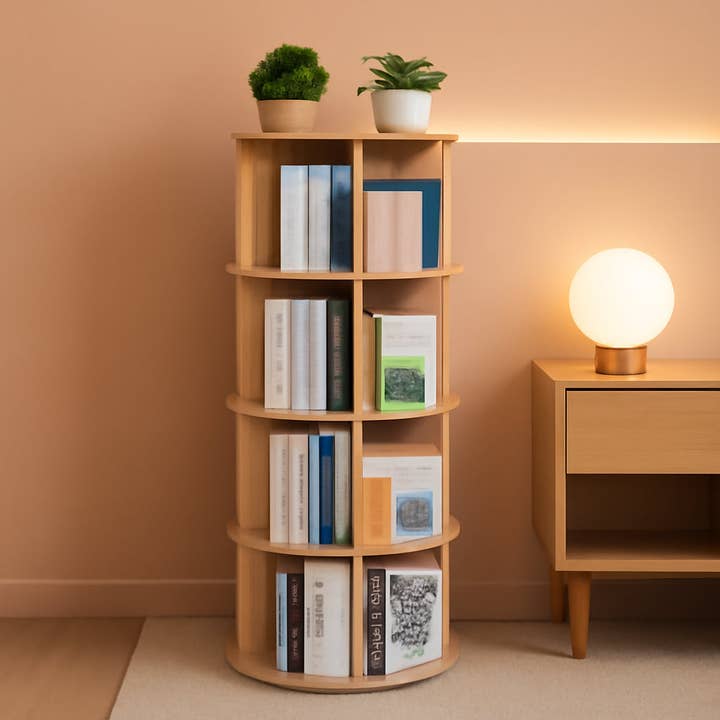 Rotating Bookshelf 360 Display 4 Tier Bookcase Solid Wood for wholesale by ShipItFurniture