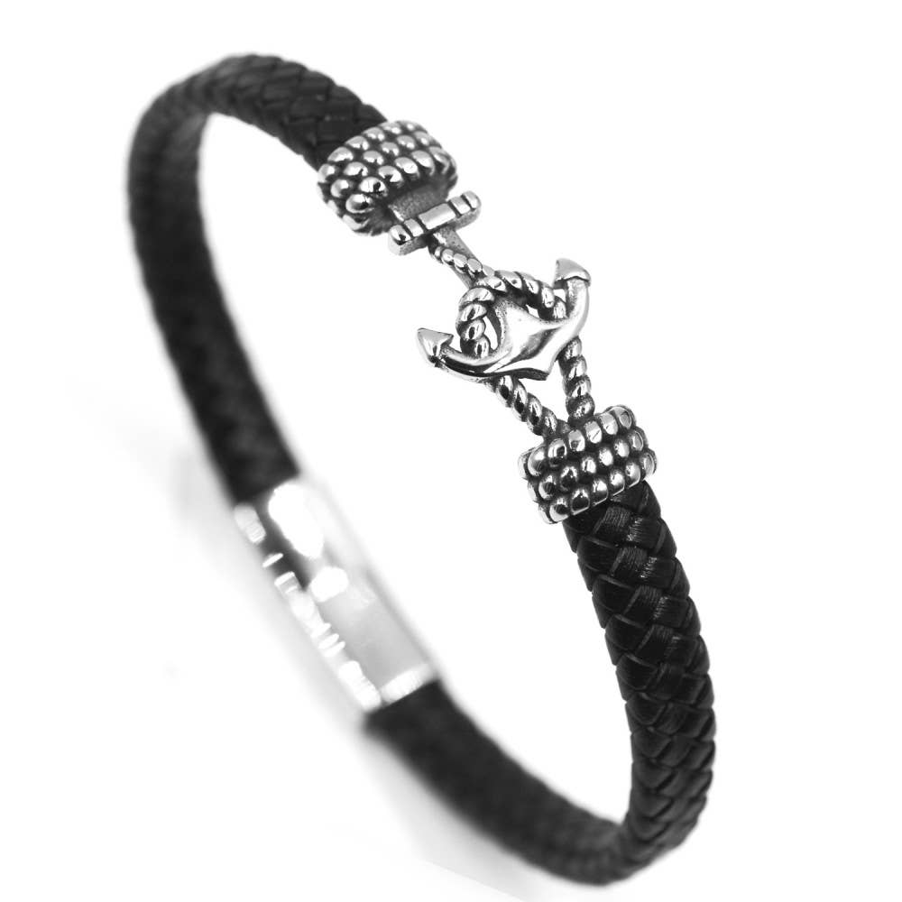 Awaken - Wholesale Woven/Braided Bracelet - Men's Anchor Bracelet in Leather and Steel - B-1350