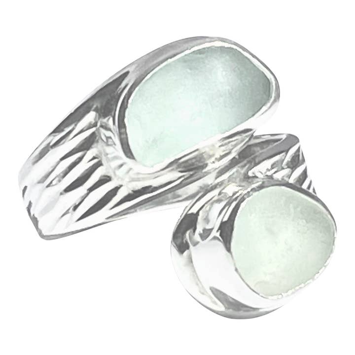 Sea Glass & Aqua Gemstone Adjustable Ring for wholesale by Oceano Sea Glass