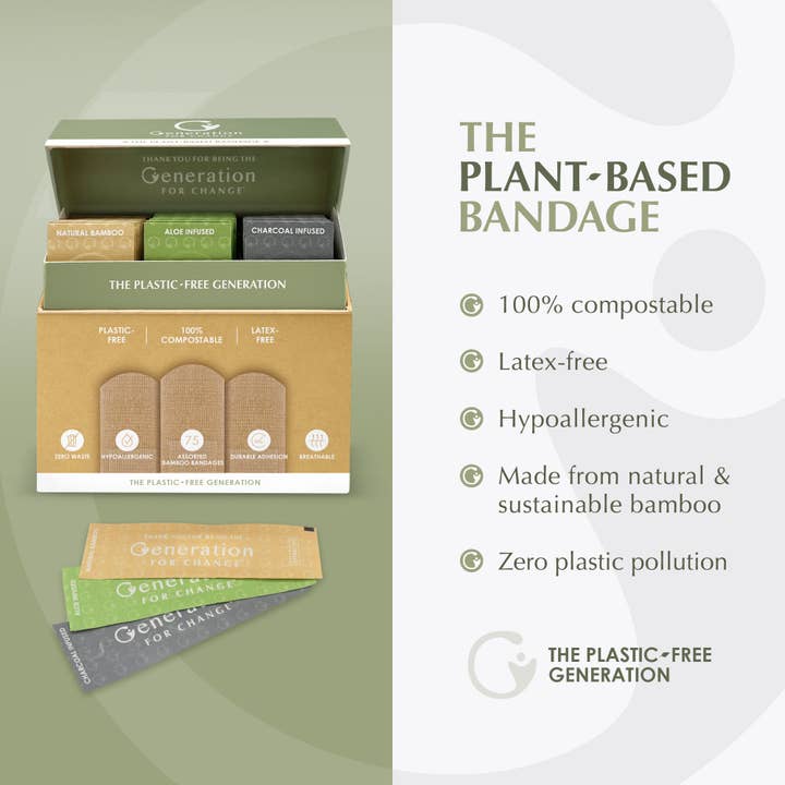 Generation For Change - Wholesale Bandaids/Bandages - The Plant-Based Bandage by Generation for Change | 75 Compostable Bamboo Bandages | Variety Pack - Aloe Vera, Activated Charcoal & Natural Bamboo | PFAS Free!
