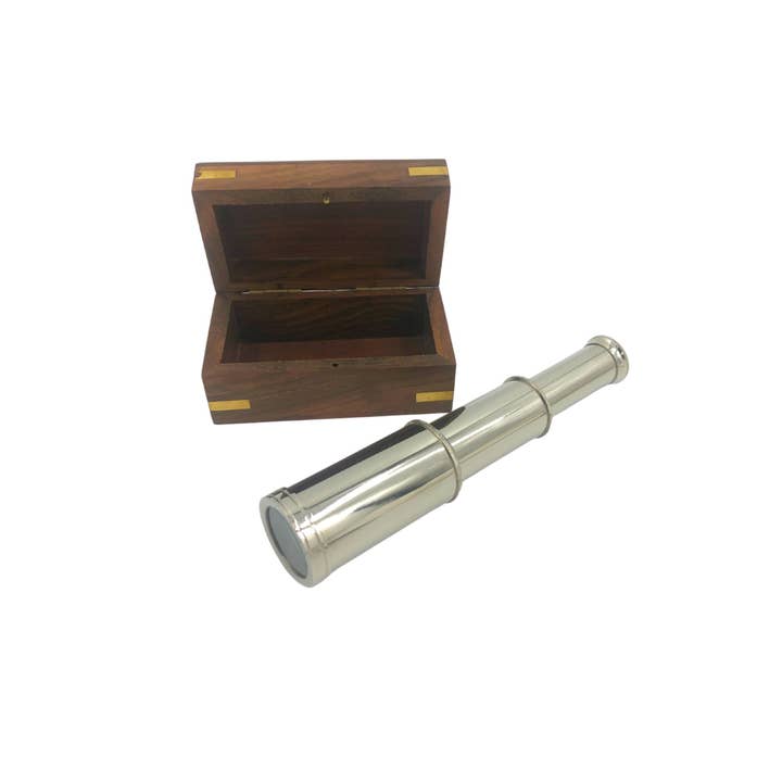 India Overseas Trading Corporation - Wholesale Telescope/Microscope - Kids - 6" Handheld Silver Plated Pullout Telescope with Wood Box2