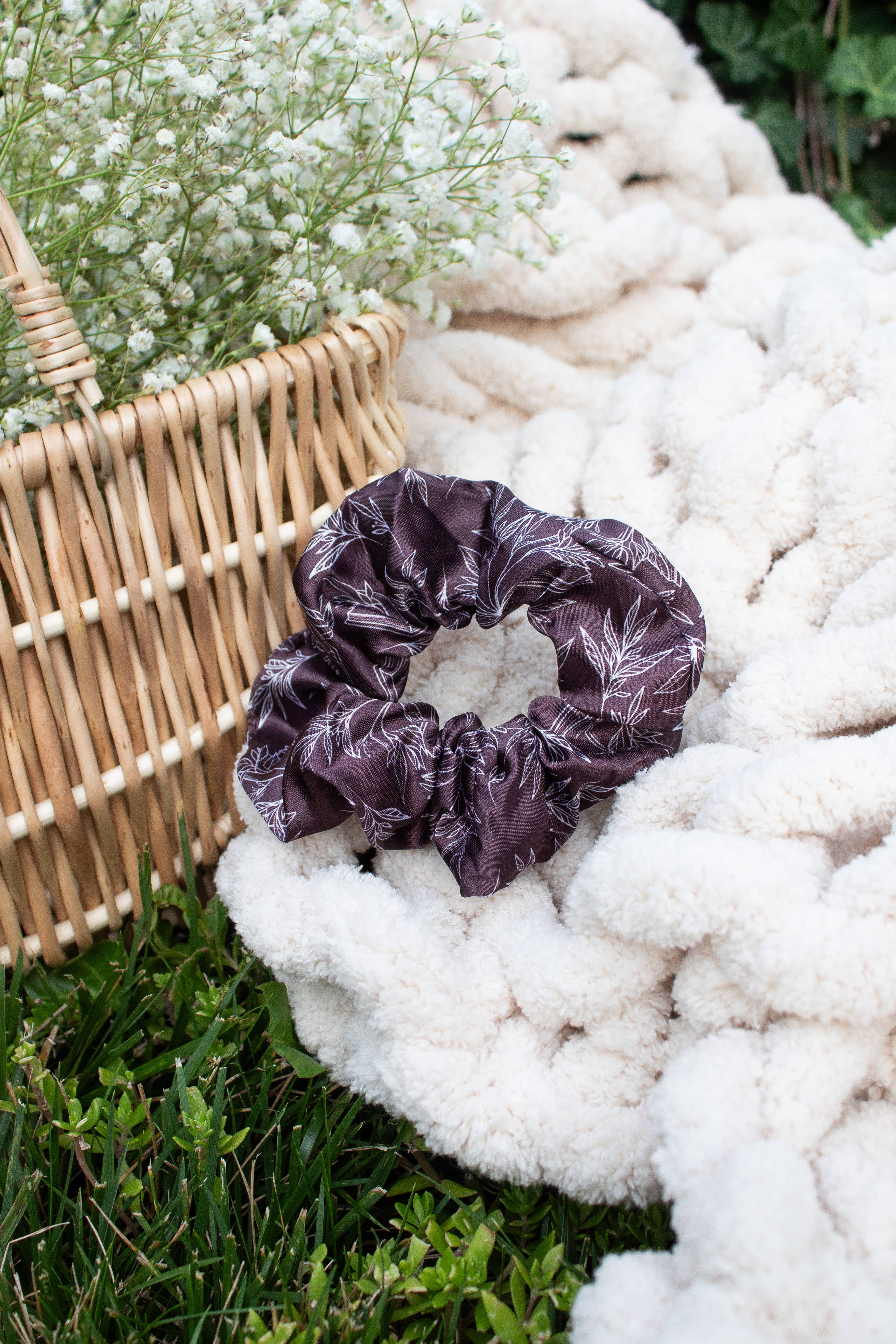 Meaggie Moos - Wholesale Scrunchie - Women's - Bookish Satin Scrunchie | Maroon Floral Book