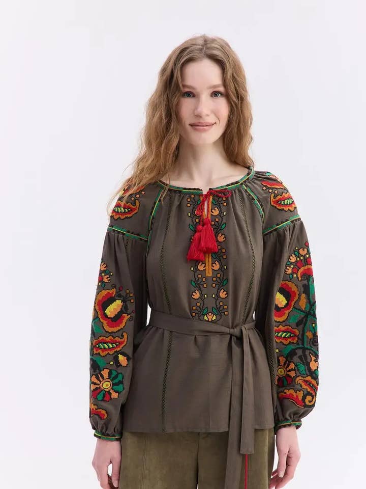 Embroidered Blouse Nadia With A Belt for wholesale by Handmade Originals Ukraine