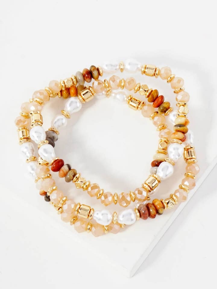 3-PC-Set Semi-Precious Natural-Stone Faceted Glass-Bead Pearl Beaded Stackable Stretch Bracelet for wholesale by Wild Honey
