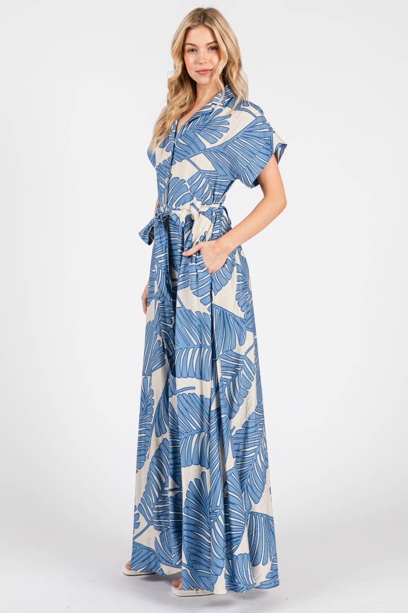B I G H I T Fashion - Wholesale Dress - Women's - Palm Print Short Sleeve Button-Down Maxi Dress HD3020-BLUE9