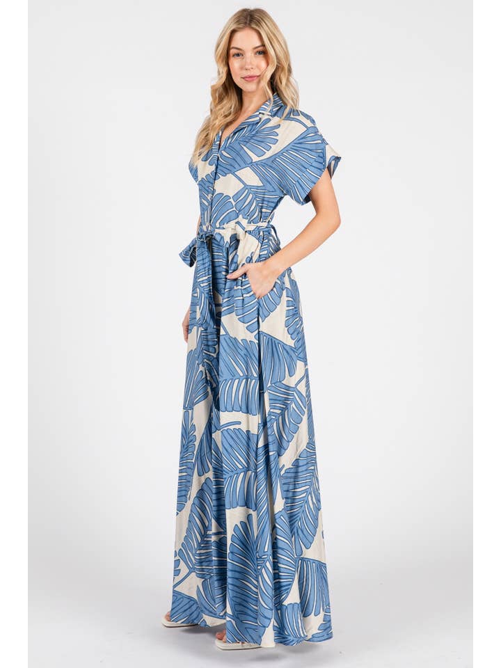 B I G H I T Fashion - Wholesale Dress - Women's - Palm Print Short Sleeve Button-Down Maxi Dress HD3020-BLUE9