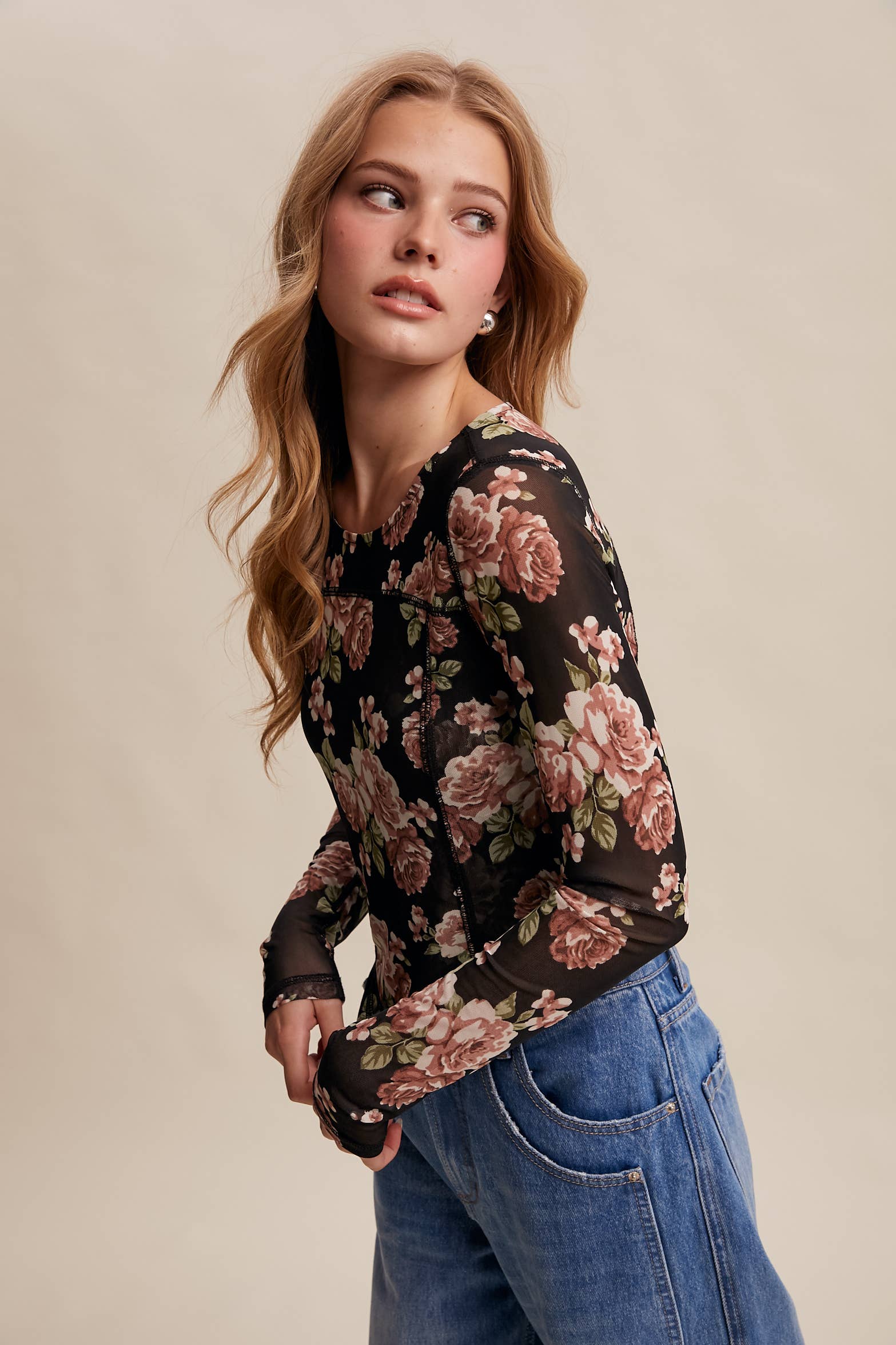 Listicle - Wholesale T-Shirt - Women's - Floral Mesh Long Sleeve Layering Top42