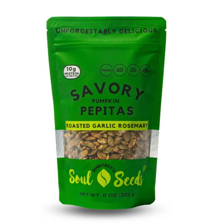 Soul Seeds - Savory Pepitas - Roasted Garlic Rosemary 8oz for wholesale by BennyBoy's Soul Seeds