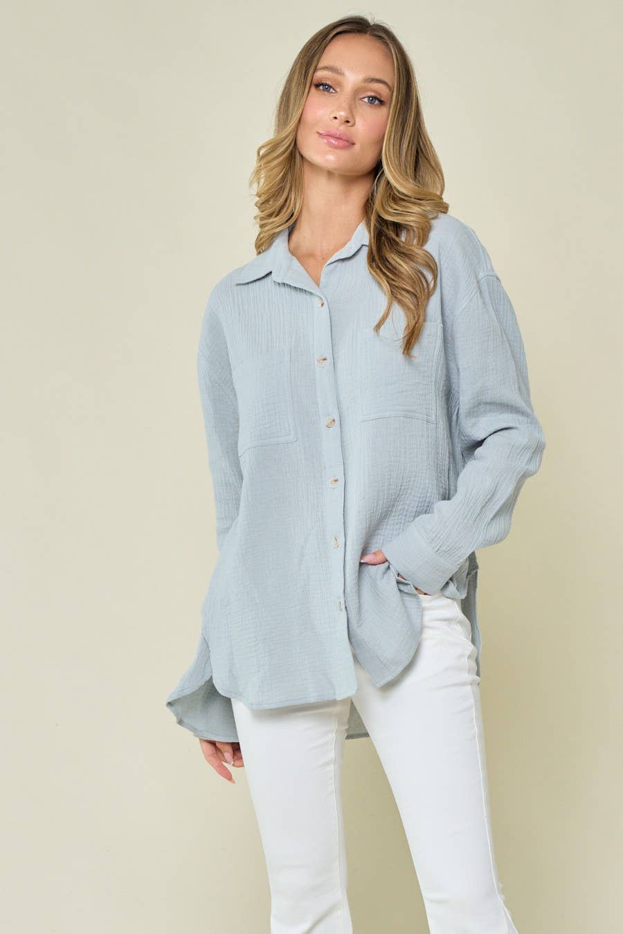 WISTERIA LANE - Wholesale Button Down Shirt - Women's - OVERSIZED GAUZE SHIRTING - 1353 LIGHT GREY 1