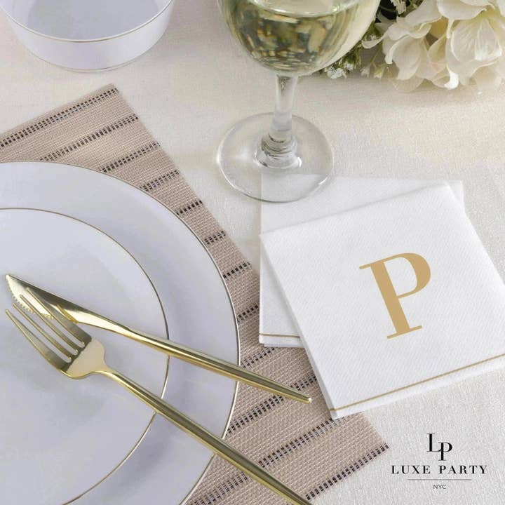 P Gold Monogram Cocktail Paper Napkins | 16 Napkins for wholesale by Luxe Party