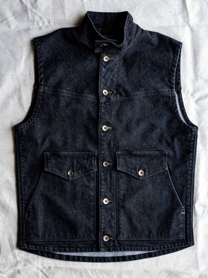 James Vest | Black 14oz Broken Twill Denim for wholesale on Faire1