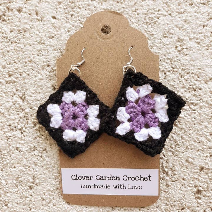 Clover Garden Crafts - Wholesale Dangle Earrings - Crochet Granny Square Drop Earrings, Black White and Colored2