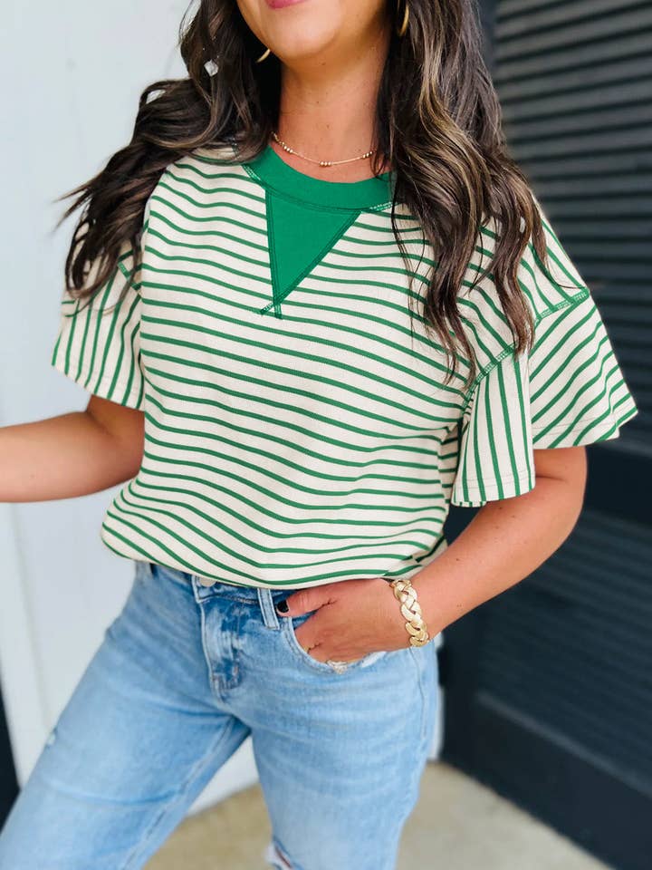 Lovesoft - Wholesale Blouse - Women's - Bright Green Contrast Detail Striped Ruffle Short Sleeve Top