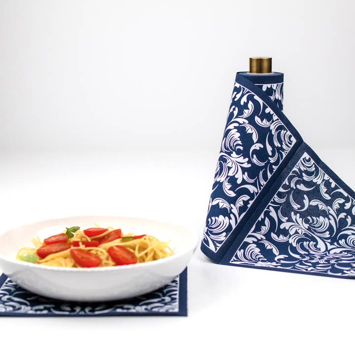 Cotton Party Napkin Roll: Midnight Manor (Navy Scroll) for wholesale by Table Theory (Formerly Toasting with Tara)