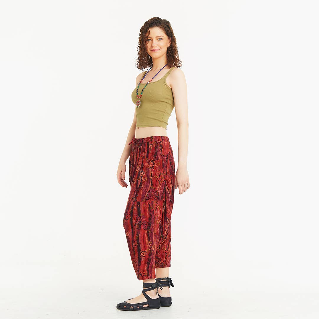 Los Banditos - Wholesale Pants - Women's - Red Patterned Elastic Waist Capri Harem Pants2