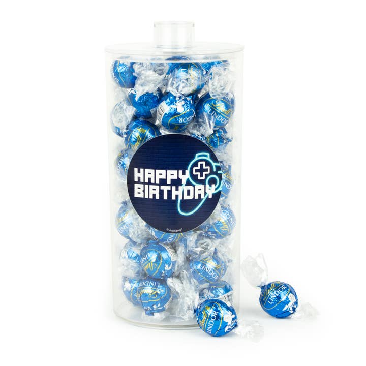 Happy Birthday Level Up Lindt Canister for wholesale by Just Candy