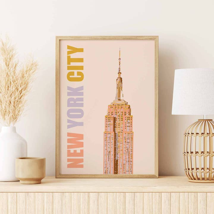 Newpencilbox Art - Venta al por mayor Ilustración - Impresión artística del Empire State de la ciudad de Nueva York, tipografía en colores pastel suaves