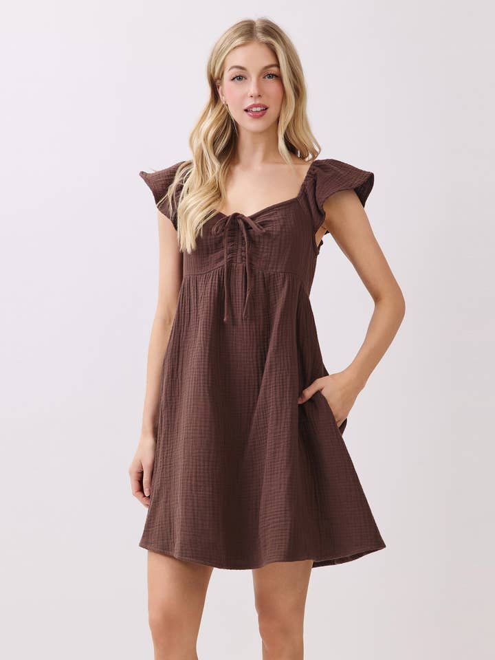 FRONT CHED TIE FLOW SHORT SLEEVE MINI DRESS - VND40953A for wholesale by Final Touch