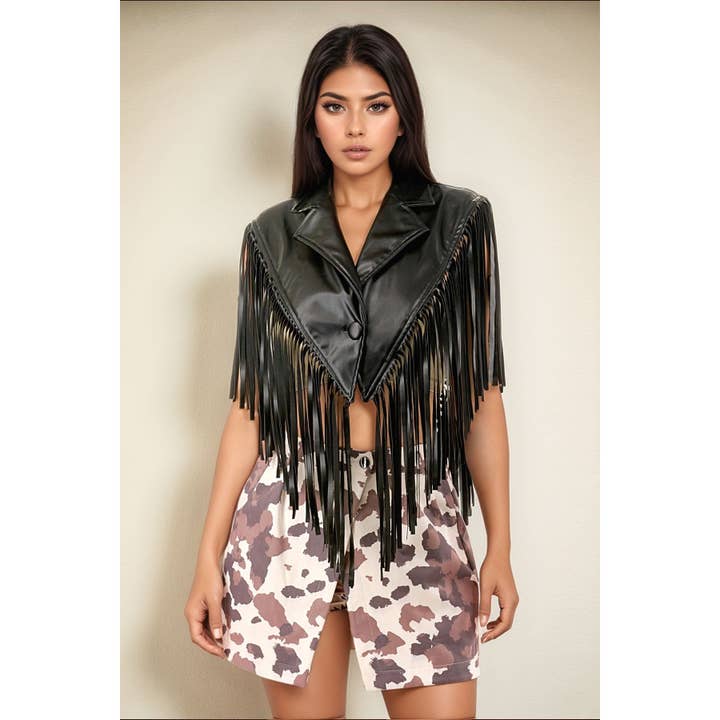 PU ärmelloser Umhang mit Kragen und Fransen-Details für den Großhandel von DORCAS