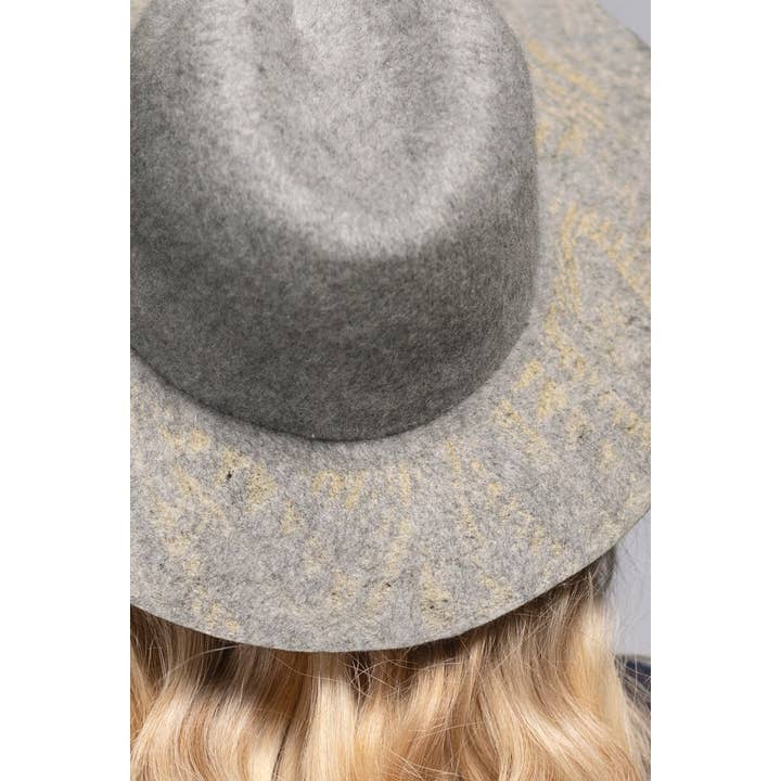 Heather Grey 100 percent Wool Ethnic Print Brim Panama Hat for wholesale on Faire