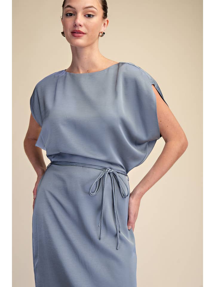 Glam - Wholesale Dress - Women's - Round Neck Waist Tie Back Slit Midi Dress6